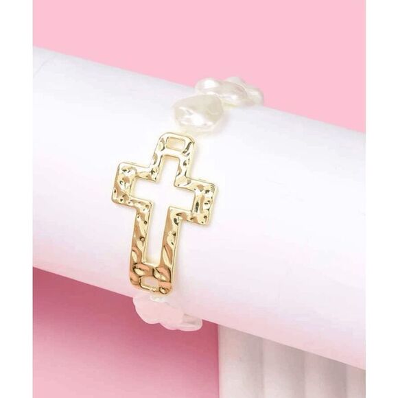 Ivory Pearl Gold Cross Stretch Bracelet - Picture 3 of 4